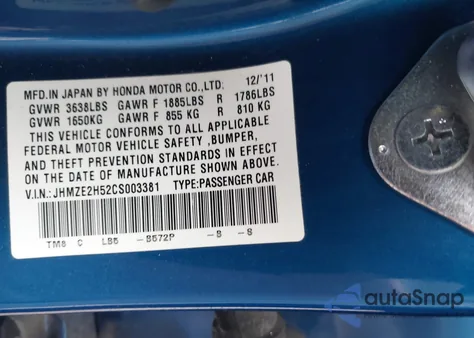 2012 Honda Insight Lx from USA, damaged, VIN JHMZE2H52CS003381